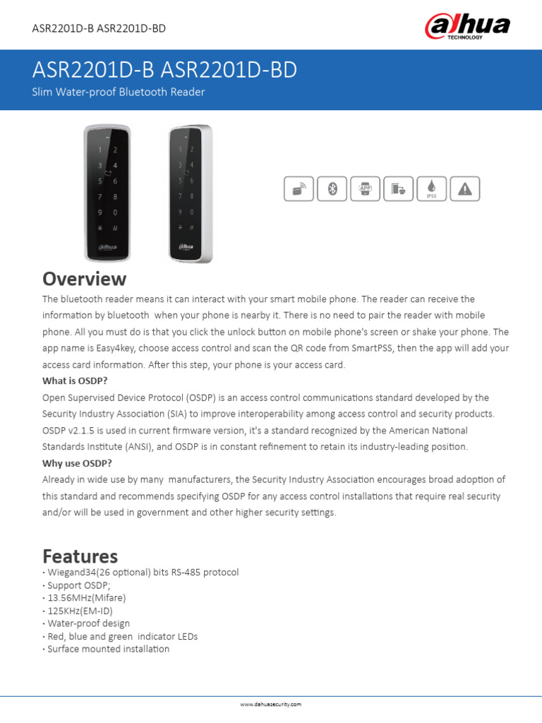 Slim Waterproof Bluetooth Reader ASR2201D-B | PDF | Bluetooth | Access ...