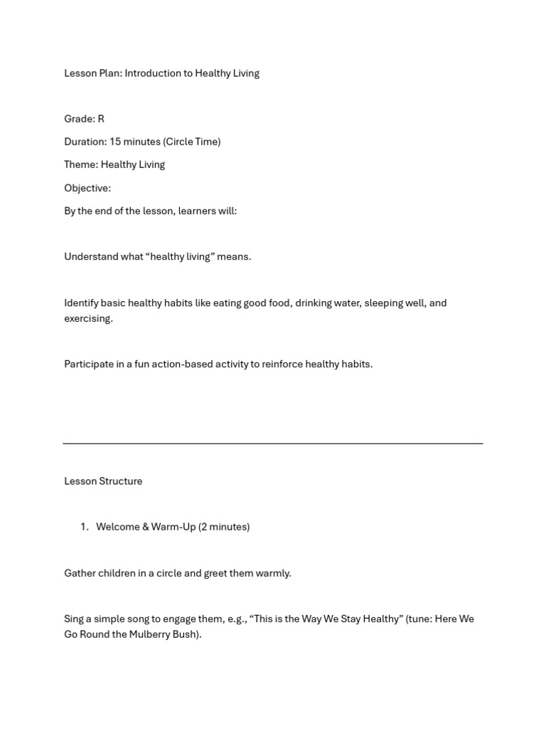 Healthy Living Lesson Plan for Grade R | PDF