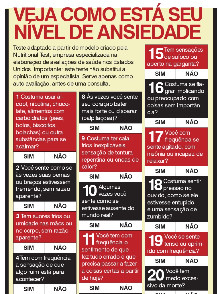 Teste Teste de Ansiedade BOM | Ansiedade | Psicologia e ciência cognitiva