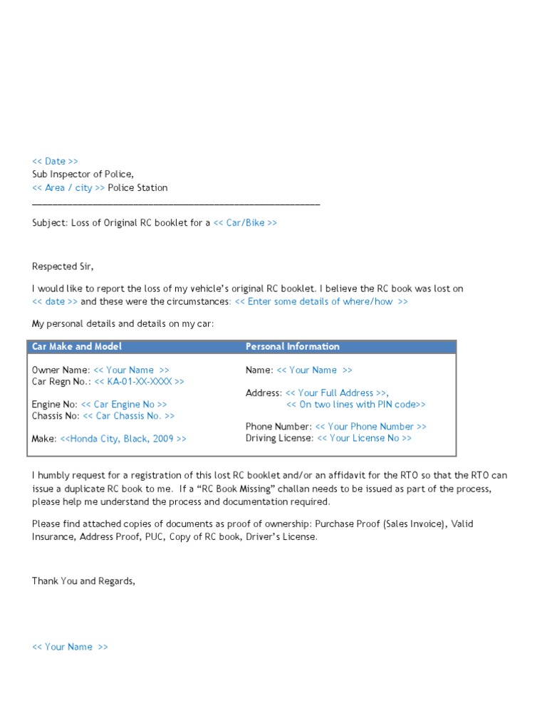 Lost Duplicate RC Book Police FIR Blank Template Format for TeamBHP
