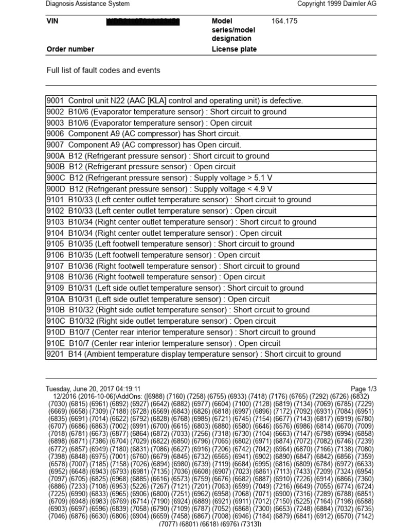 Mercedes-Benz Diagnosis System Fault Codes | PDF | Electrical ...