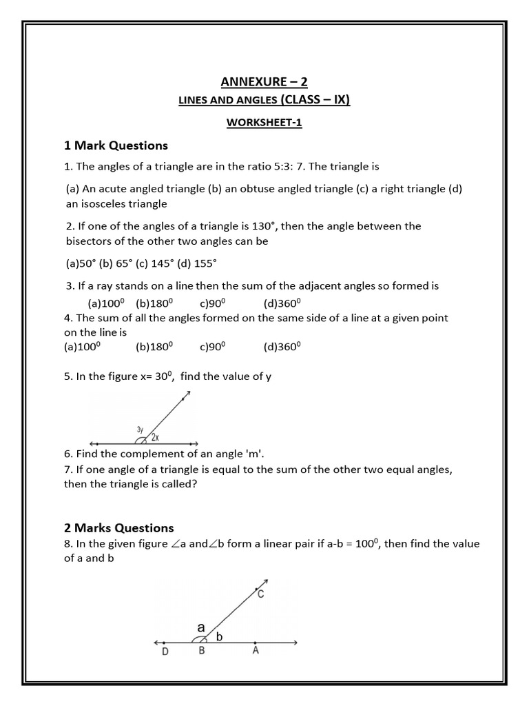 Class 9 Lines and Angles Worksheets | PDF | Triangle | Euclid