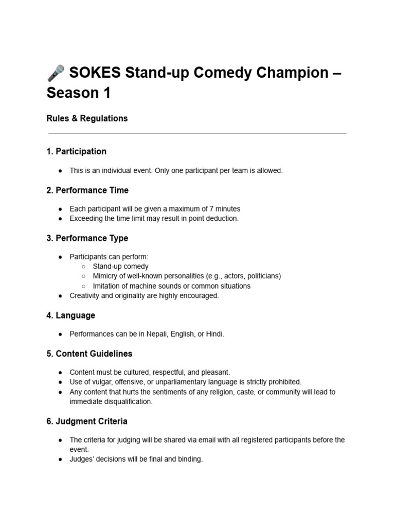 SOKES Stand-up Comedy Competition Rules | PDF