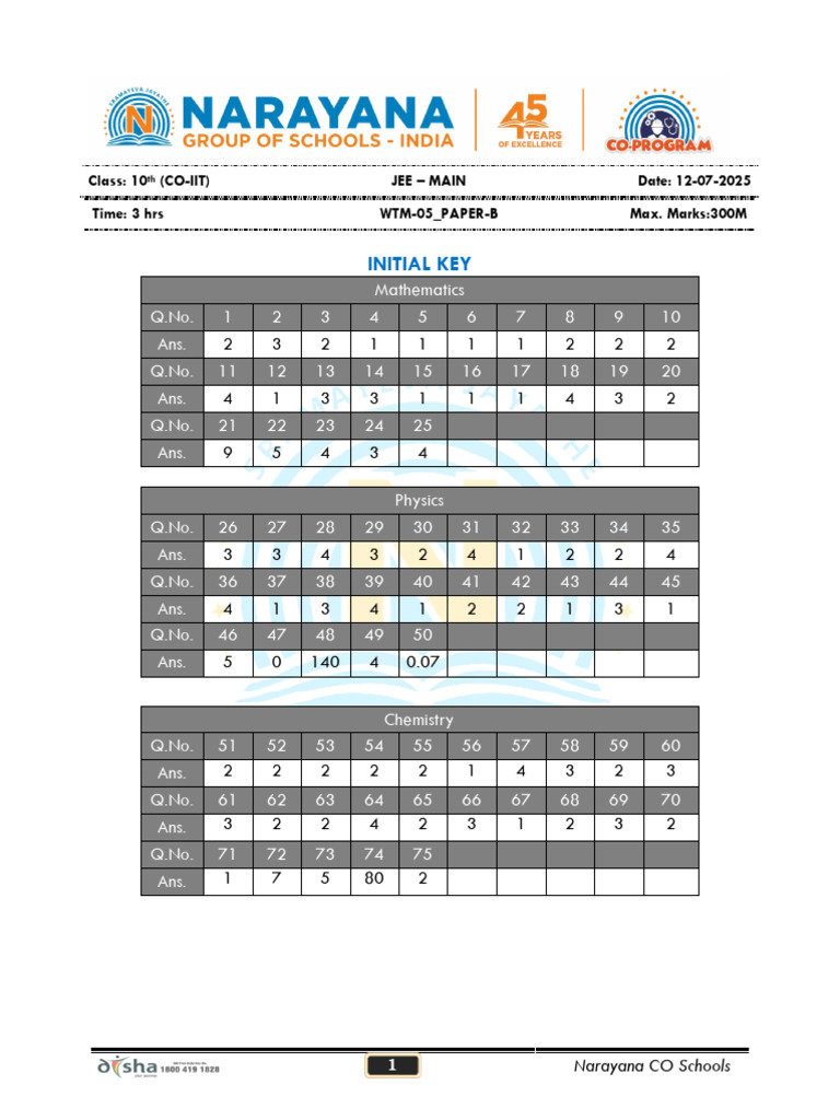 10th Sco Paper-B Jee-Main Wtm-05 Key&Solutions Exam DT 12-07-2025 | PDF ...