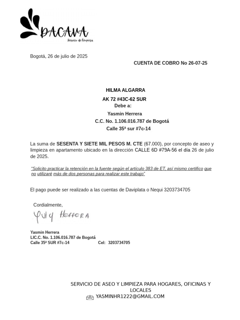 Cuenta de Cobro por Servicio de Aseo | PDF