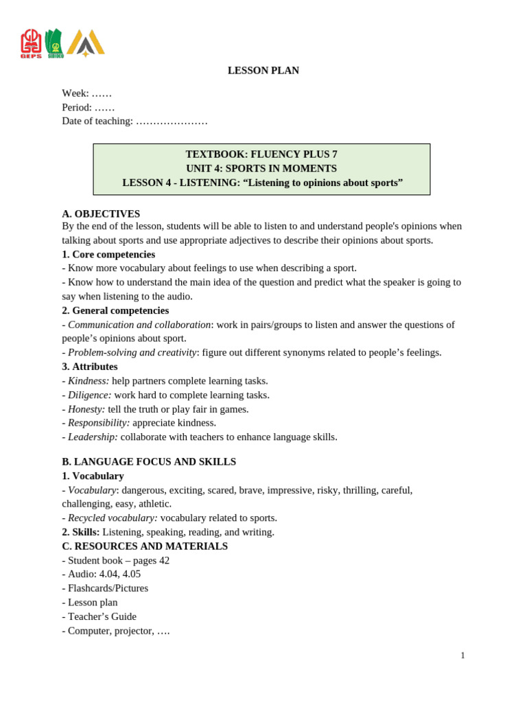 Sports Listening Lesson Plan | PDF | Vocabulary | Teachers