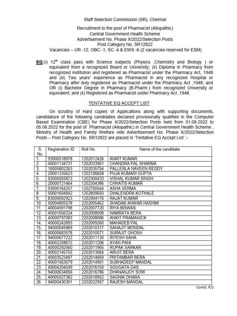 Selection Posts Phase X 2022 Tentative Eq Accept List Sr12822 | PDF ...