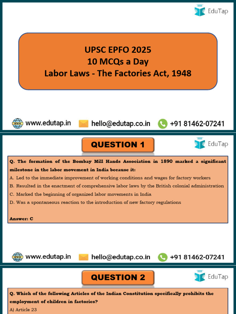 UPSC EPFO 2025: Labor Laws MCQs | PDF | Labour Law | Business Law
