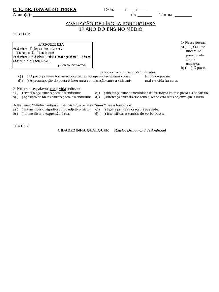 Avaliação de Língua Portuguesa 1º Ano | PDF | Linguística