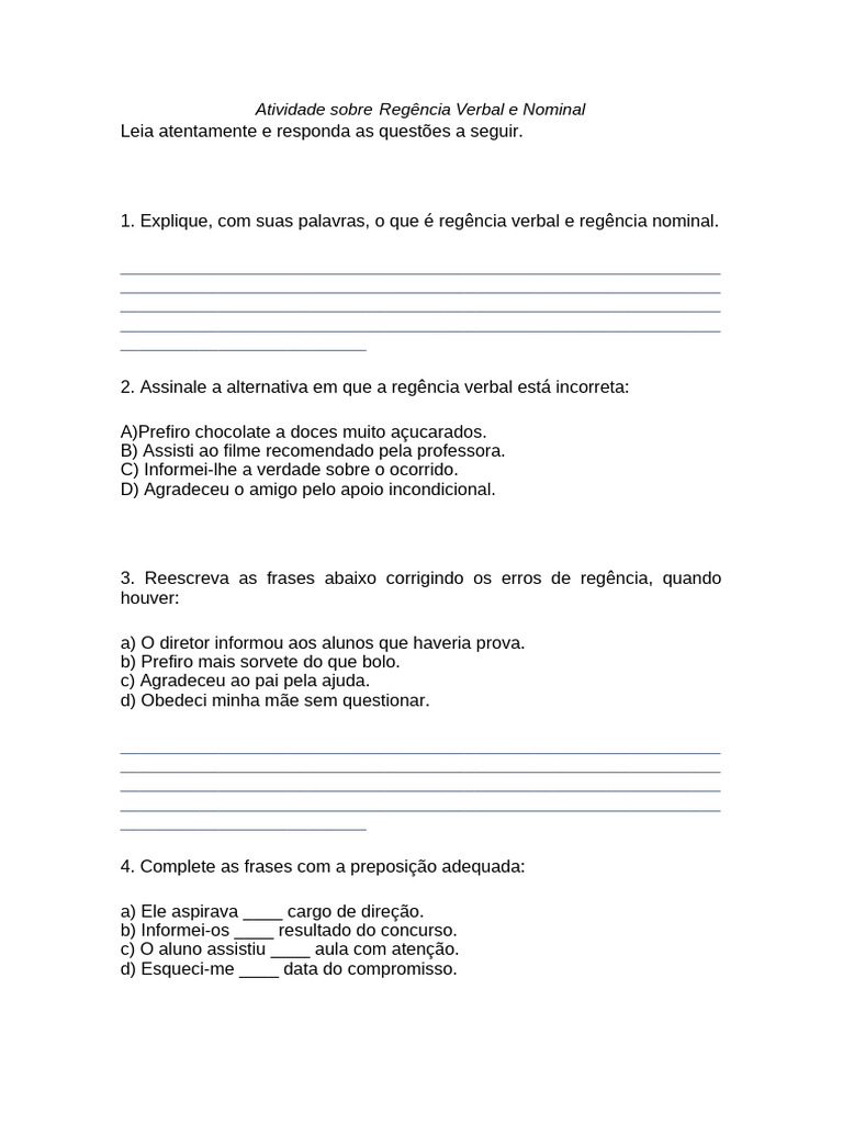 Atividade de Regência Verbal e Nominal | PDF