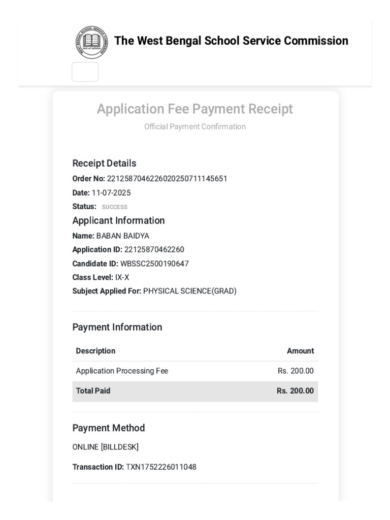 WBSSC _ Fees Payment Receipt (1) | PDF