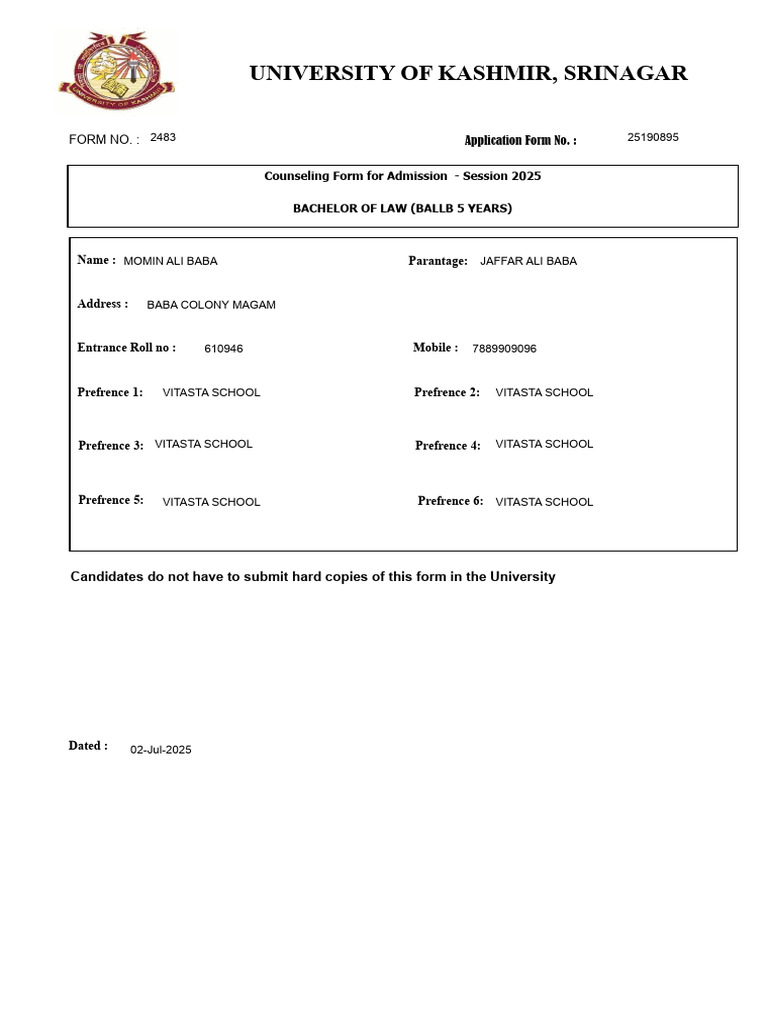 Kashmir University BALLB Admission Form 2025 | PDF