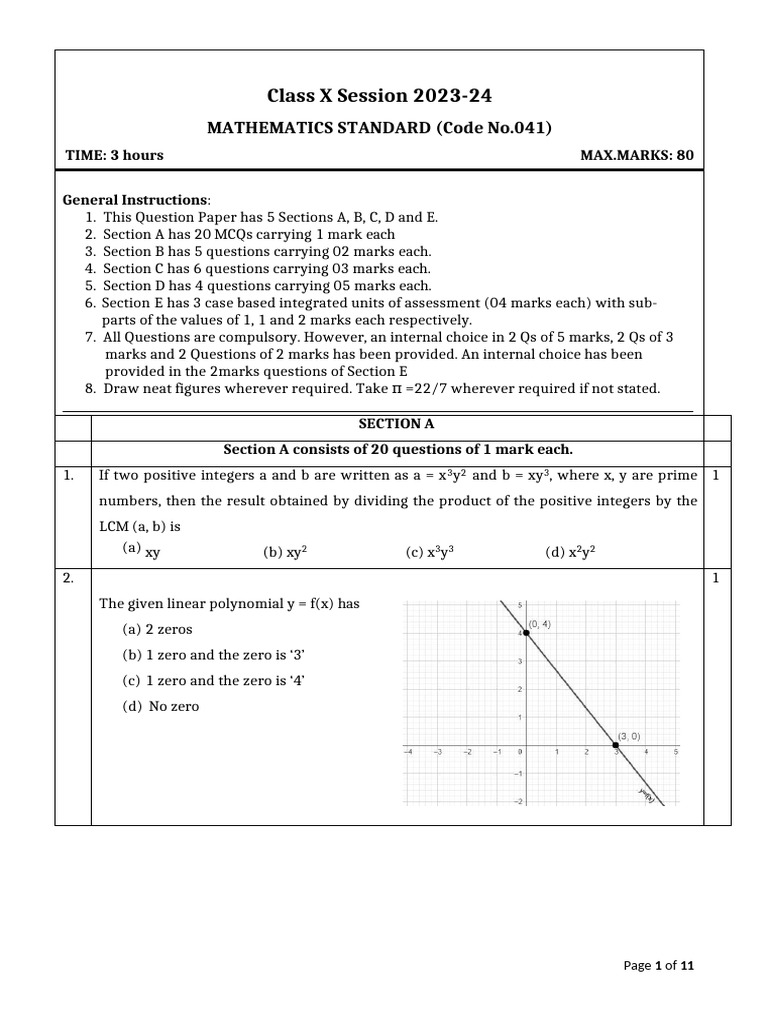 Class X Mathematics Exam Paper 2023-24 | PDF | Circle | Area