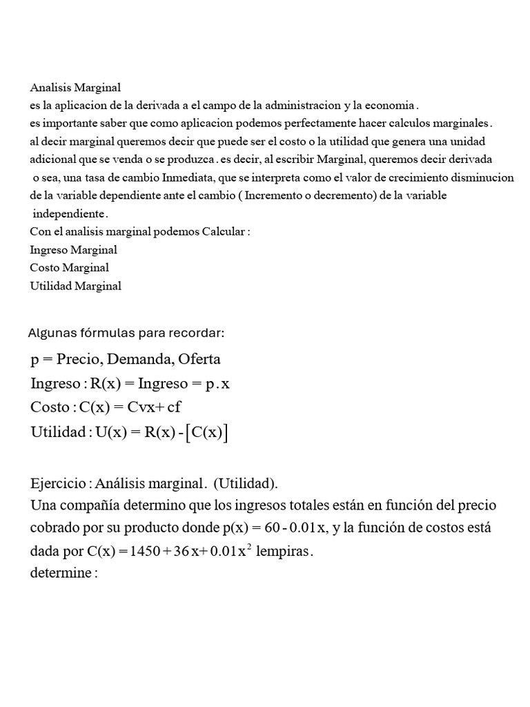 Analisis Marginal El Analisis Marginal de Una Funcion de Ingreso, Costo ...