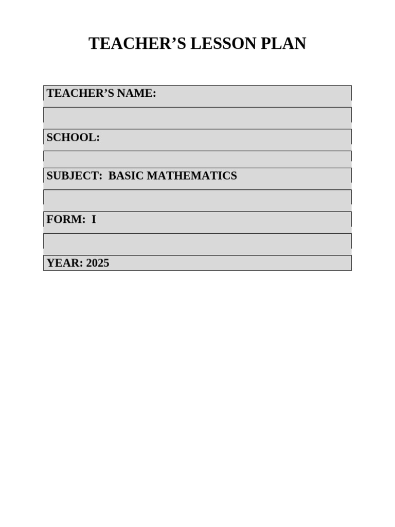 Basic Mathematics Lesson Plan for Form One | PDF | Teachers | Lesson Plan