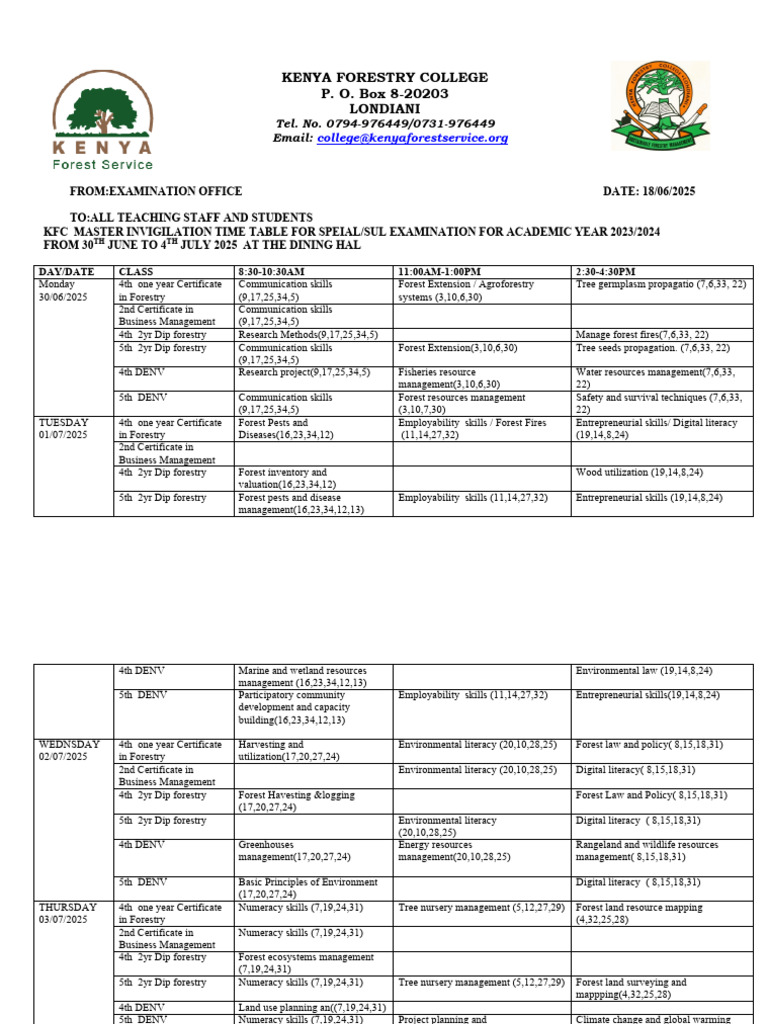 KFC Special Exam Timetable 2023/2024 | PDF | Forestry | Logging
