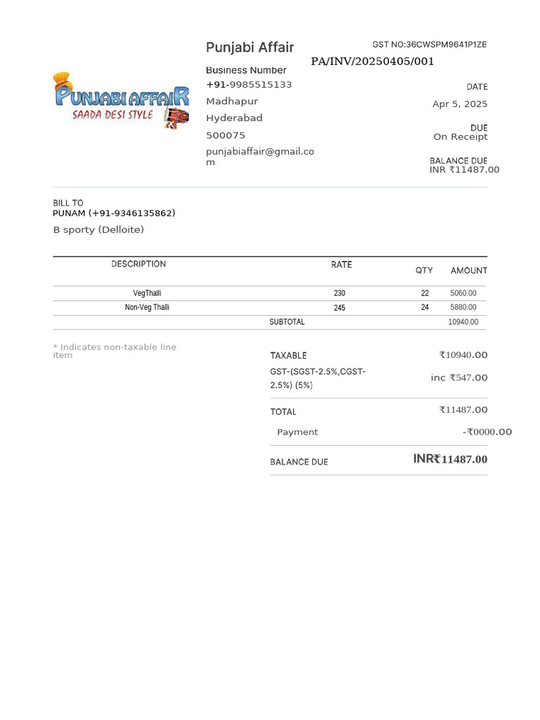 Punjabi Affair Invoice Details | PDF