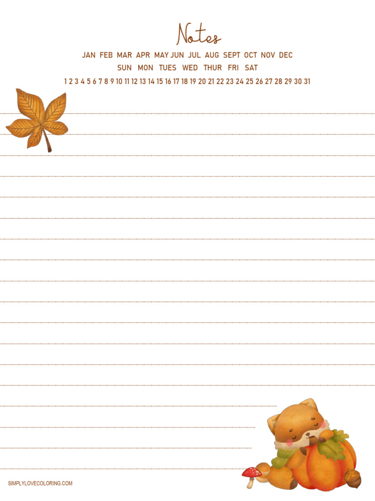 Fall Dog With Pumpkin Acorn Mushroom Leaves Printable Notes Page | PDF