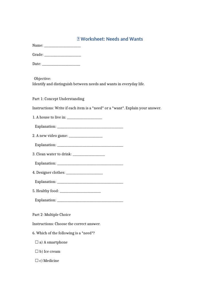 Needs vs. Wants Worksheet for Kids | PDF