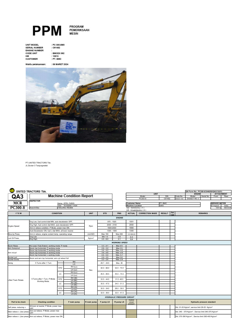 PC300-8M0 Machine Inspection Report | PDF | Pump | Machines