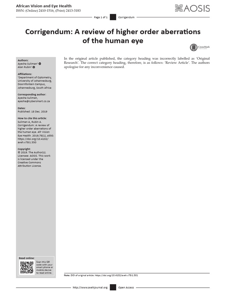 Corrigendum on Higher Order Aberrations | PDF | Myopia | Cornea