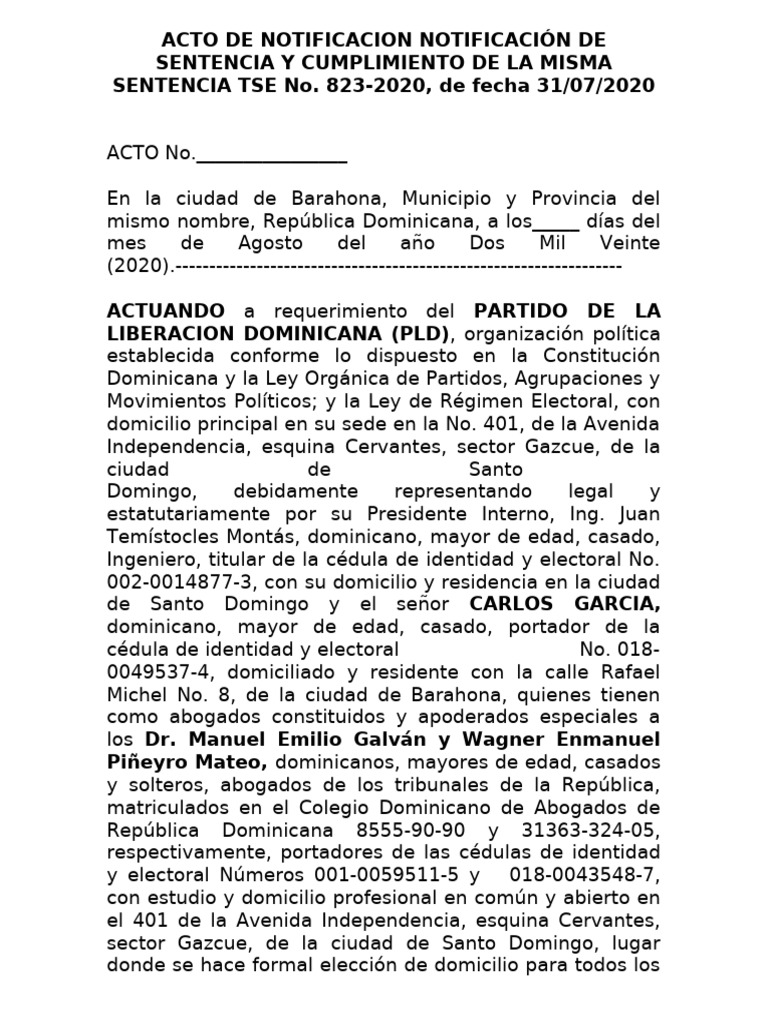 Notificación de Sentencia TSE 823-2020 | PDF | República Dominicana ...