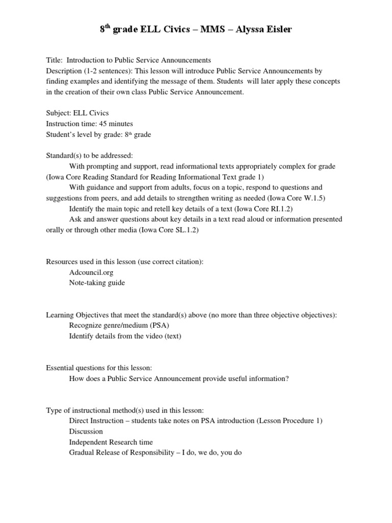 Psa Lesson Plan Educational Assessment Lesson Plan