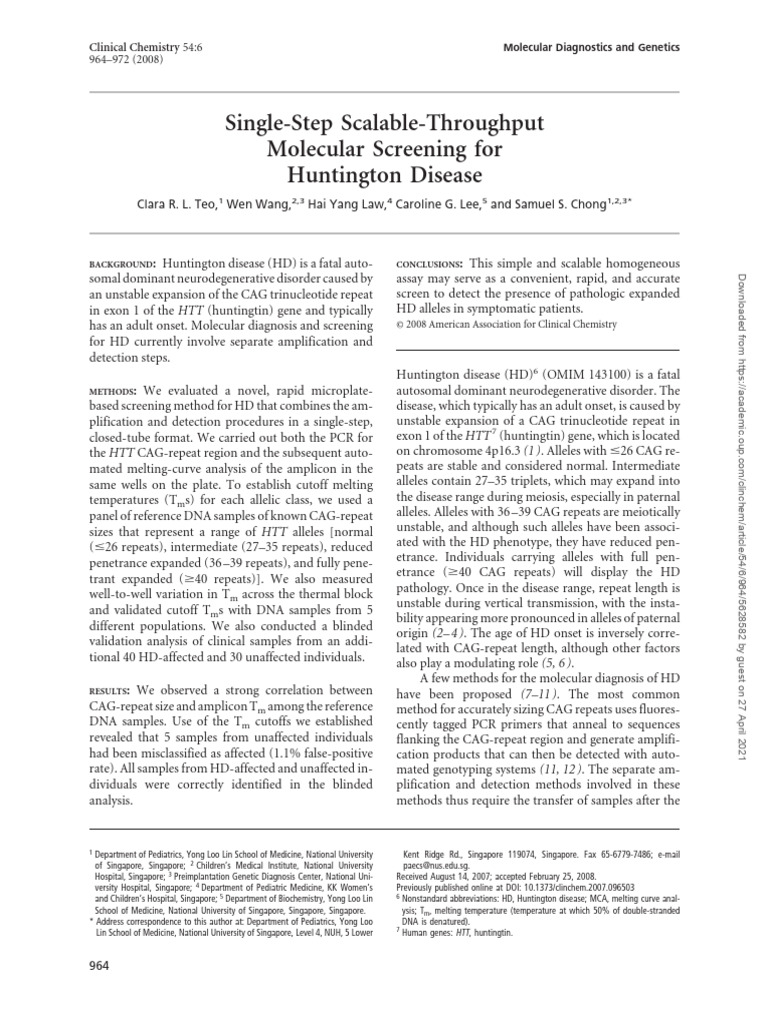 Single-Step Screening for Huntington Disease | PDF | Polymerase Chain ...