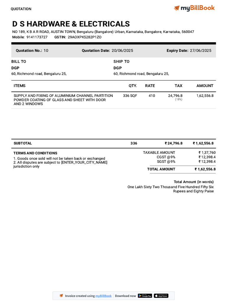 Quotation for Aluminium Partition Supply | PDF