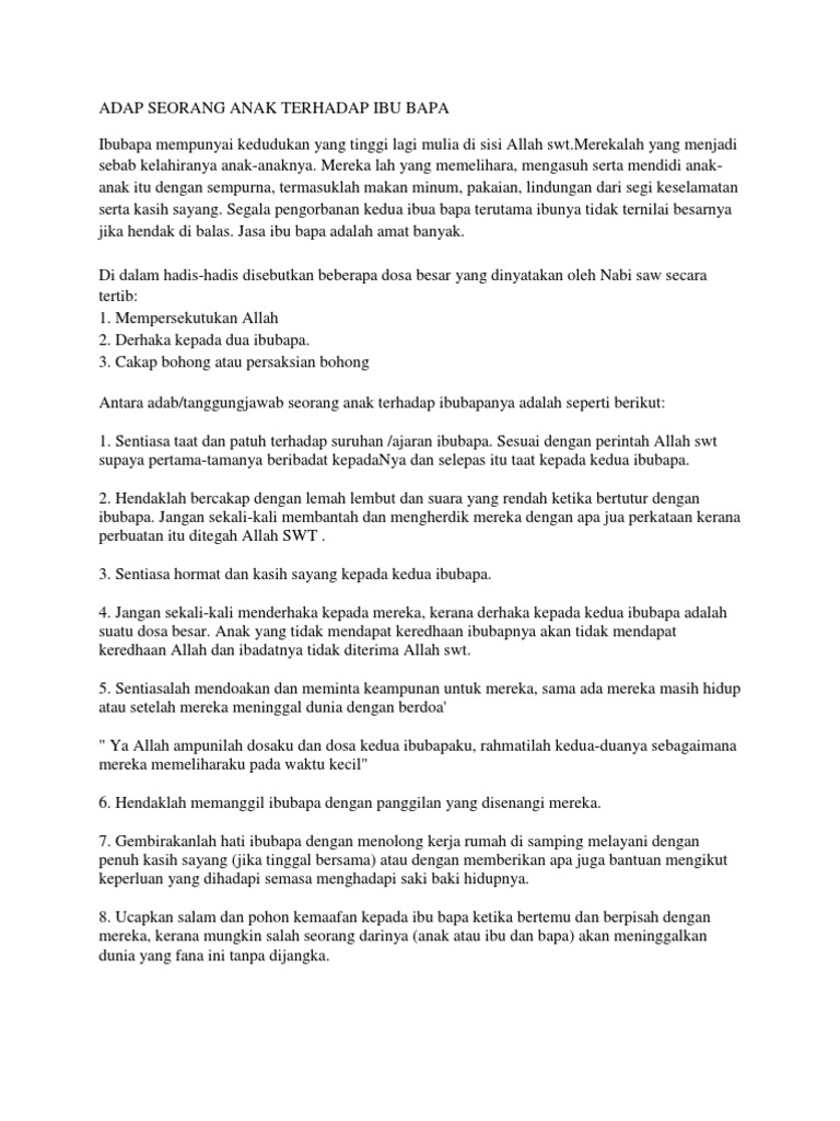 Adab Seorang Anak Terhadap Ibu Bapa Amp Adab Berkawan Pdf