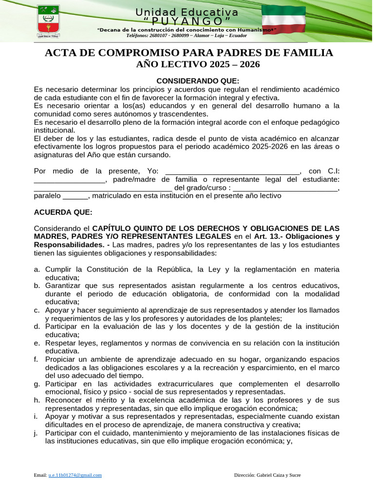 Acta de Compromiso para Padres de Familia | PDF | Institución | Aprendizaje