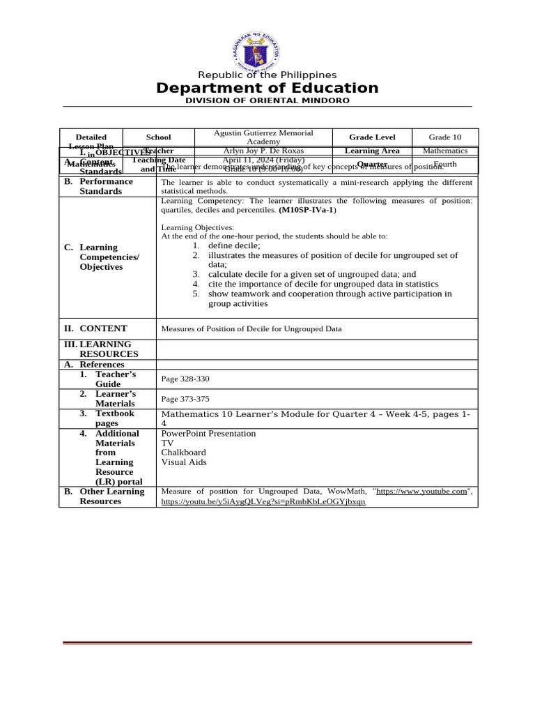 Grade 10 Math Lesson Plan on Deciles | PDF | Learning | Human Communication
