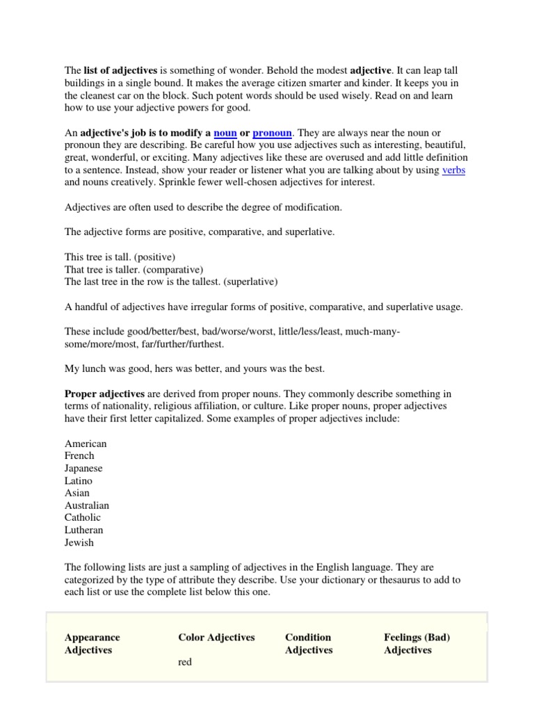Adjective Usage and Lists Explained | PDF | Noun | Preposition And ...