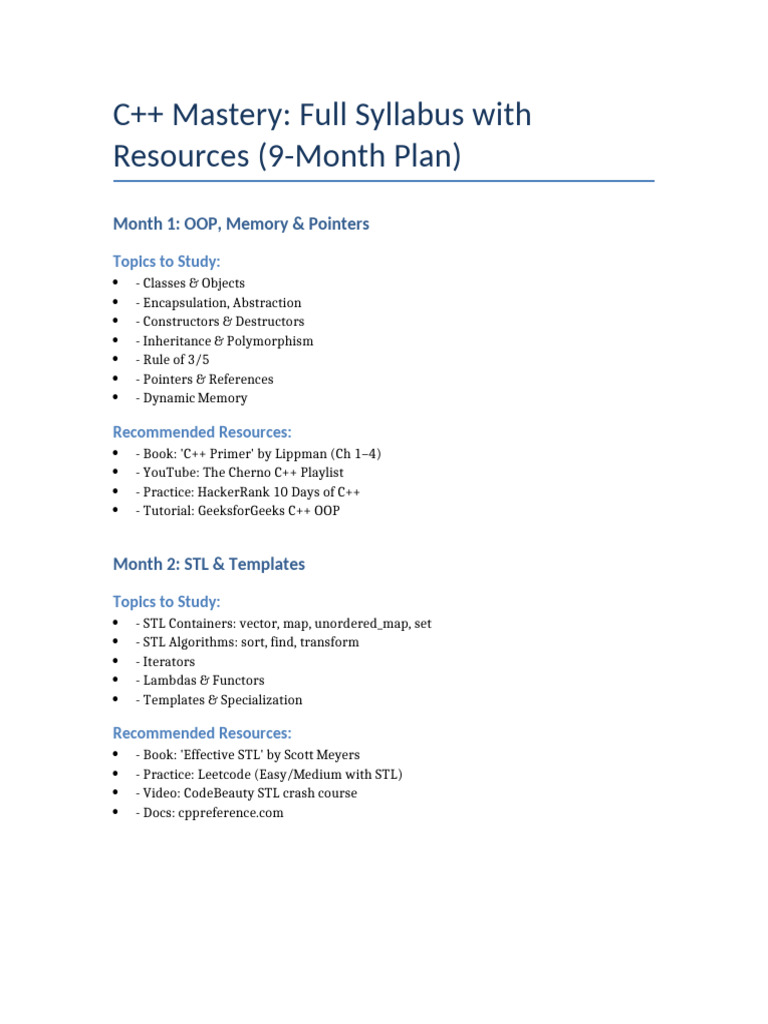 C++ Mastery: 9-Month Study Plan | PDF | C++ | Thread (Computing)