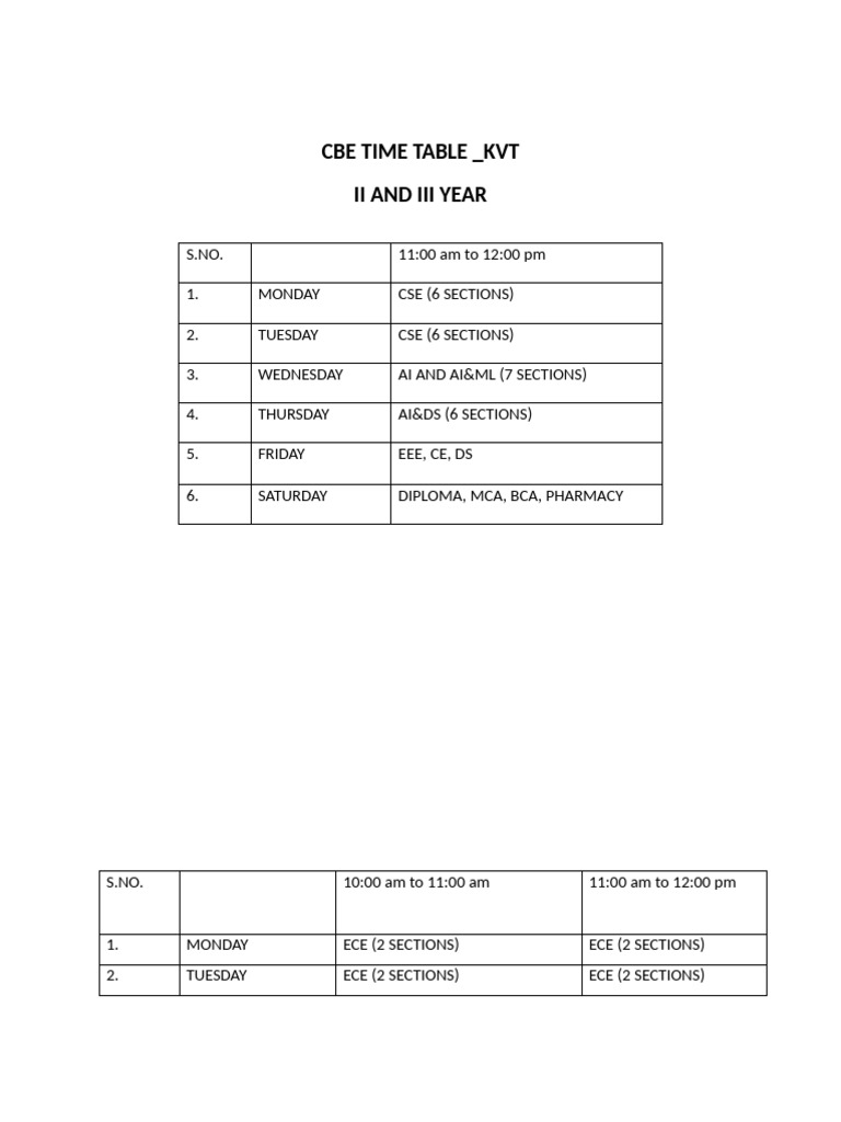 CBE Timetable for II & III Year Students | PDF