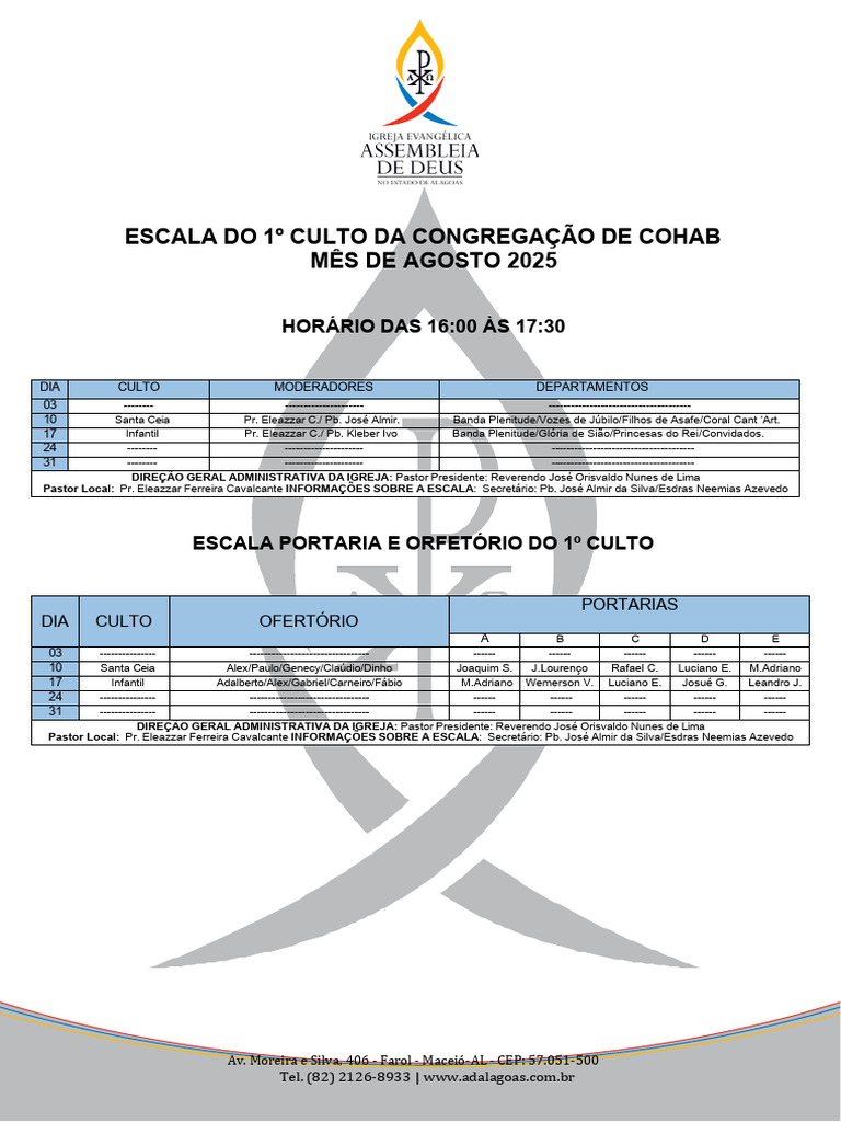 Escala do Culto - Agosto 2025 | PDF