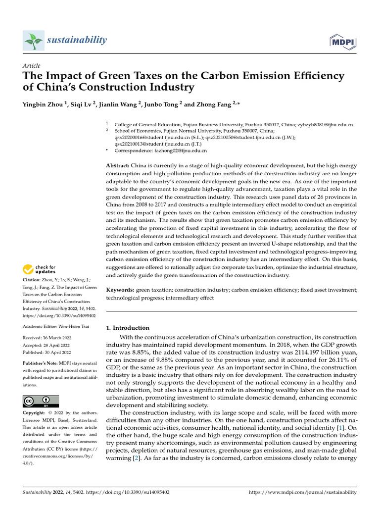 The Impact of Green Taxes On The Carbon Emission Efficiency of China's ...