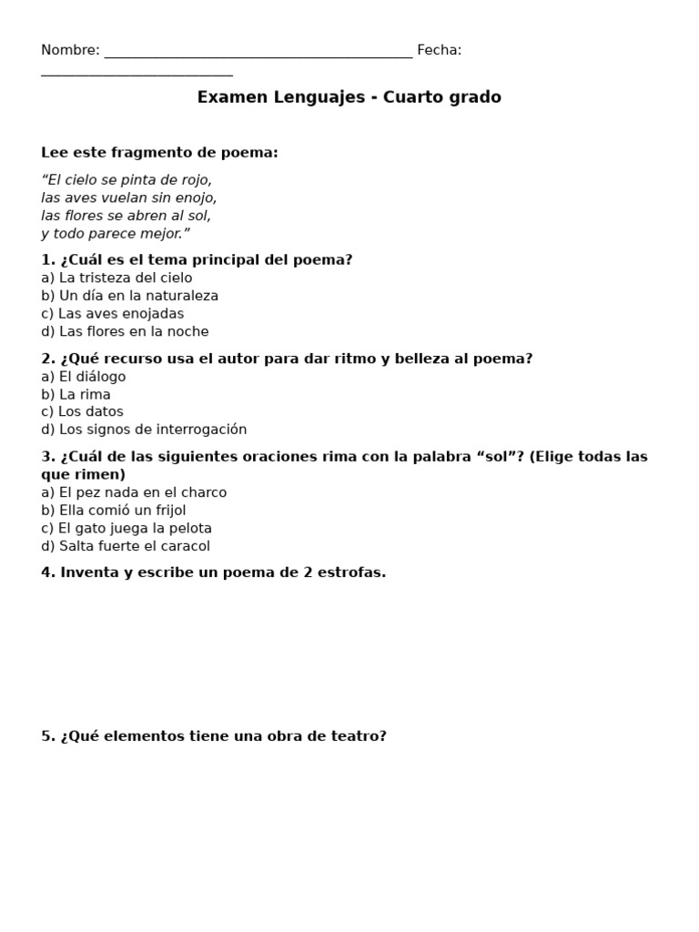 Examen de Lenguaje Cuarto Grado 2025 | PDF | Fantasía