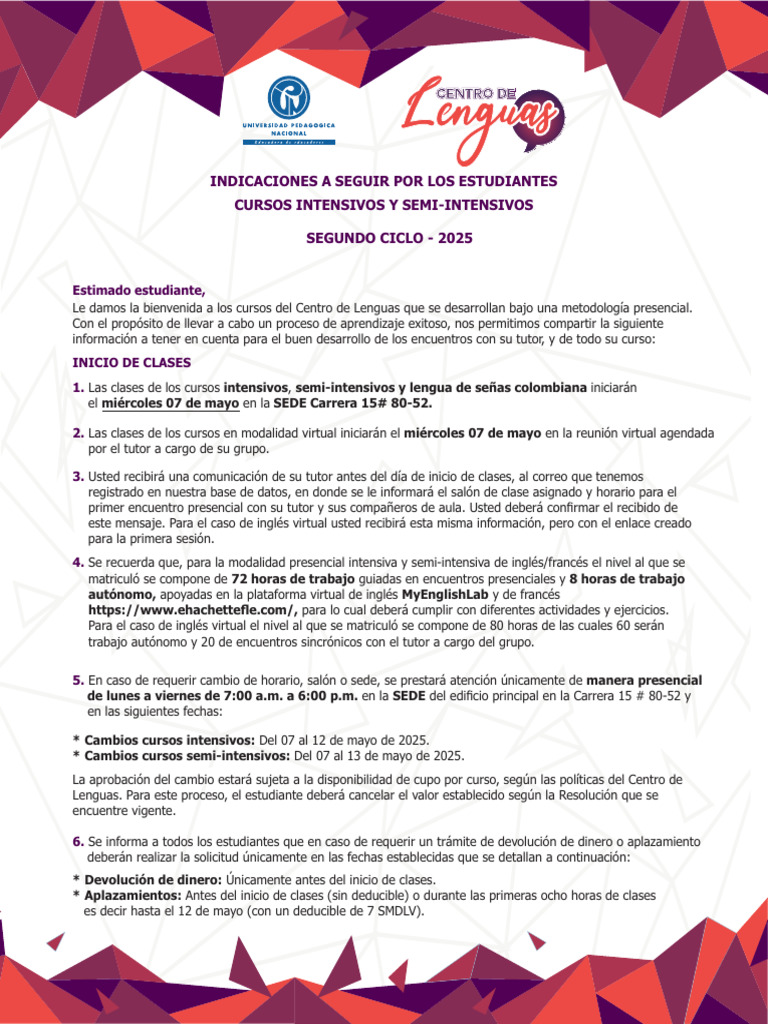 Indicaciones para Cursos de Idiomas 2025 | PDF