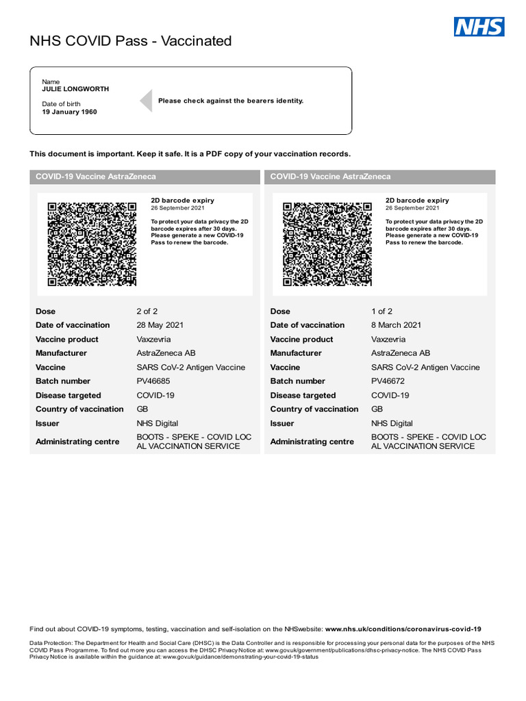 Nhs Covid Pass - Vaccinated: Covid-19 Vaccine Astrazeneca Covid-19 ...