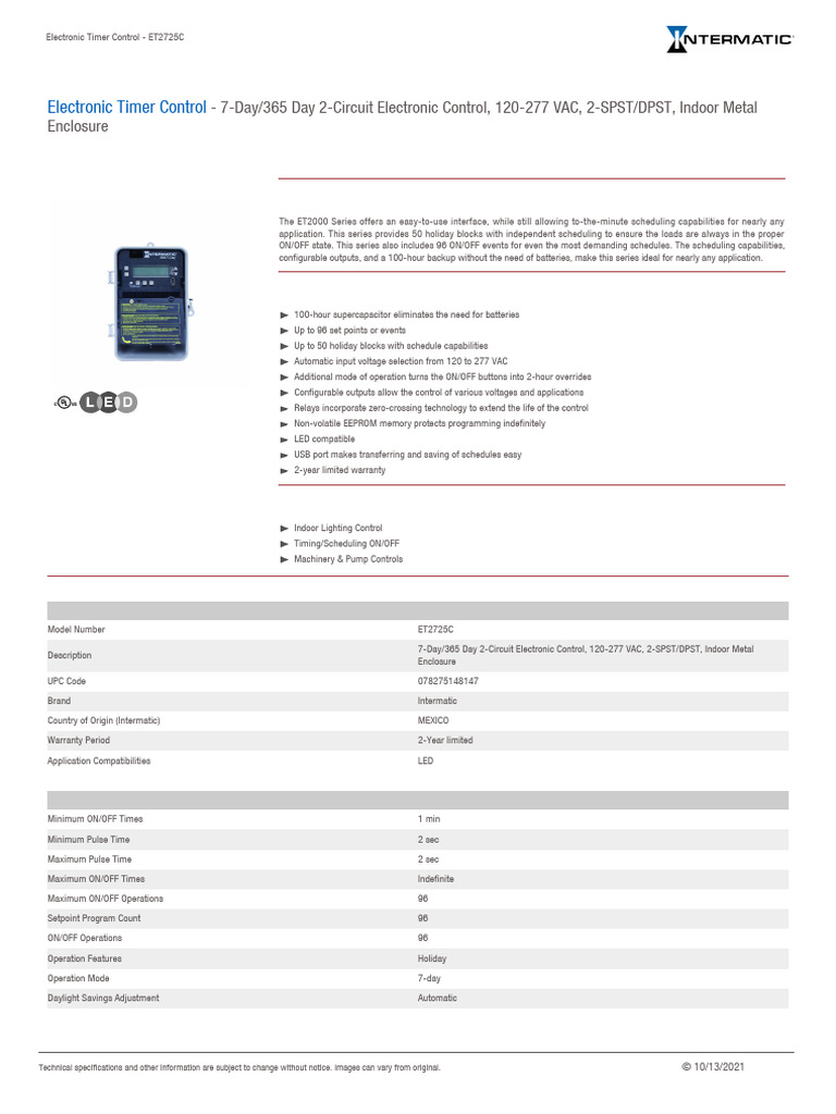 Intermatic ET2725C Timer Control | PDF | Alternating Current | Switch