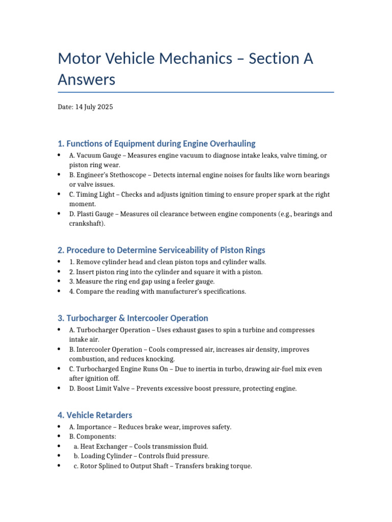 Motor Vehicle Mechanics Overview Guide | PDF | Internal Combustion ...