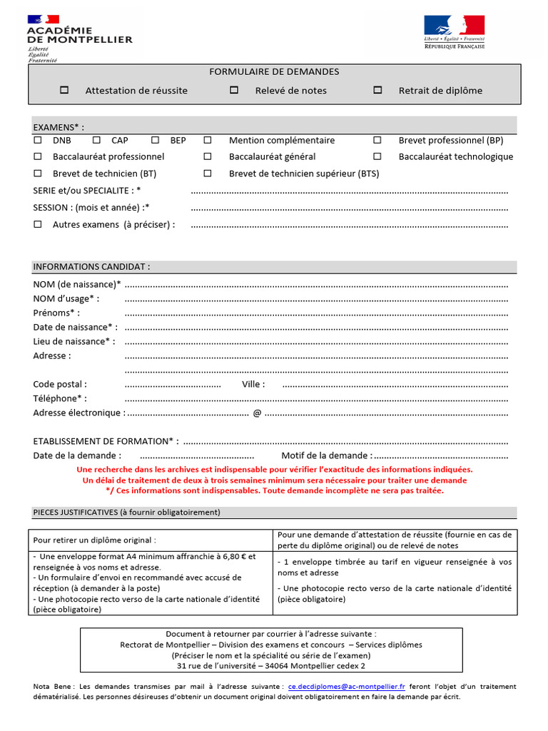 Demande de relevé de notes et diplômes | PDF | Brevet