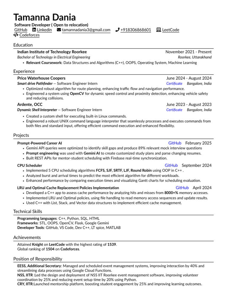 Tamanna1 Resume | PDF | C++ | Cache (Computing)