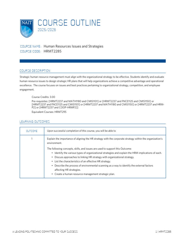 Human Resources Strategies Course Outline | PDF | Human Resource ...