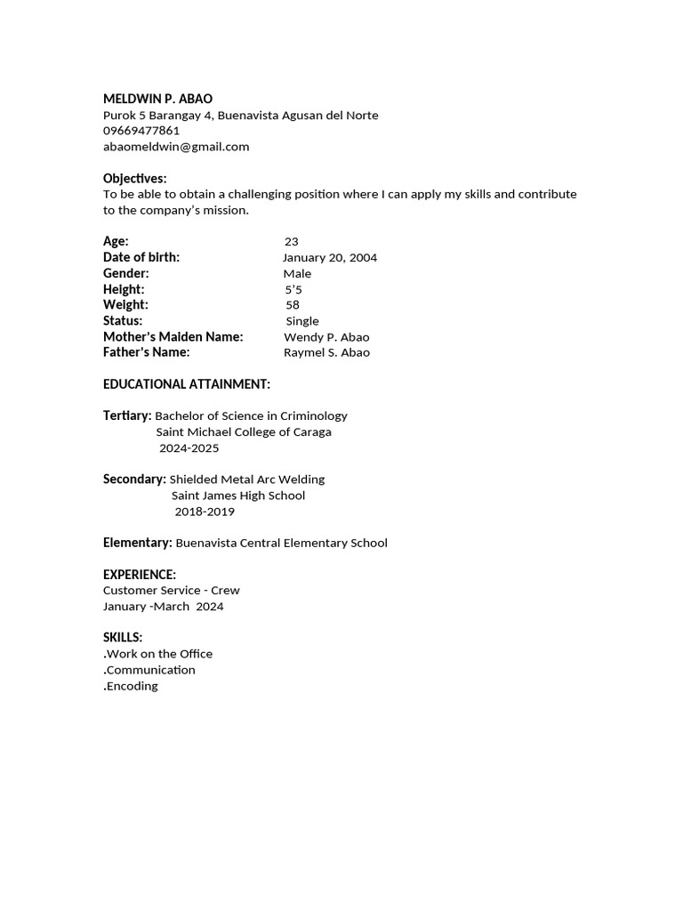 Meldwin Abao's Resume Summary | PDF