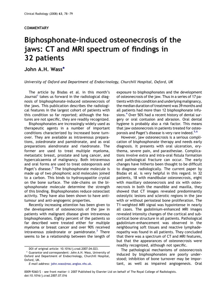 Bisphosphonate Jaw Osteonecrosis: Imaging Findings | PDF | Diseases And ...