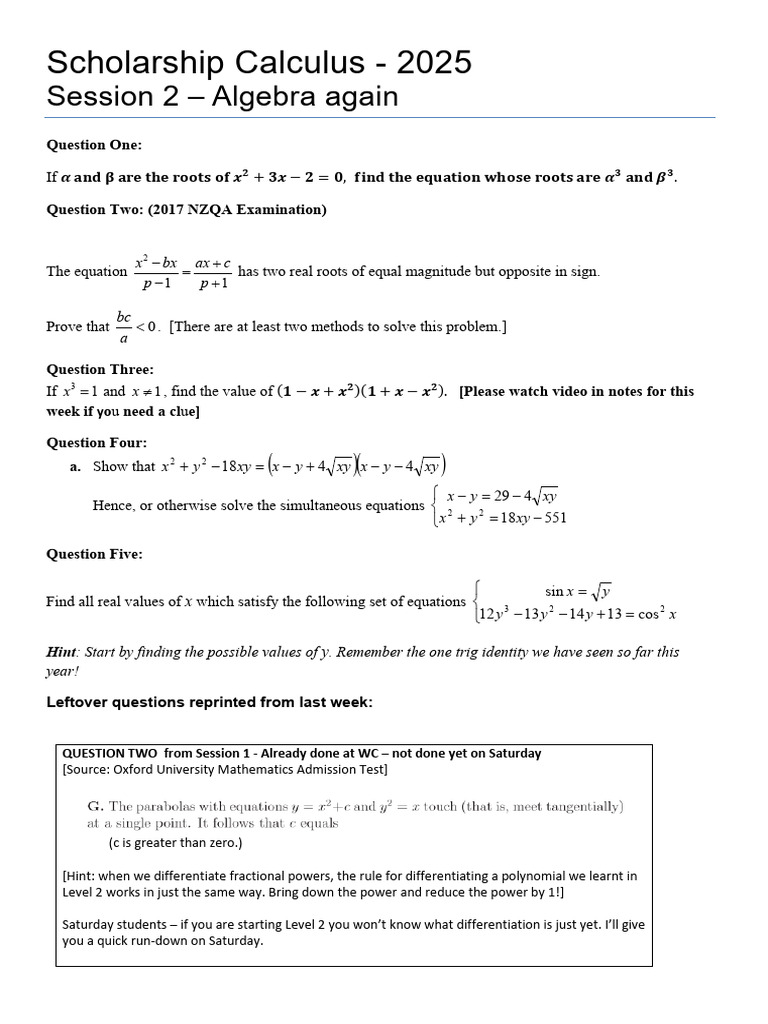 2025 Algebra Scholarship Questions | PDF | Mathematics | Algebra
