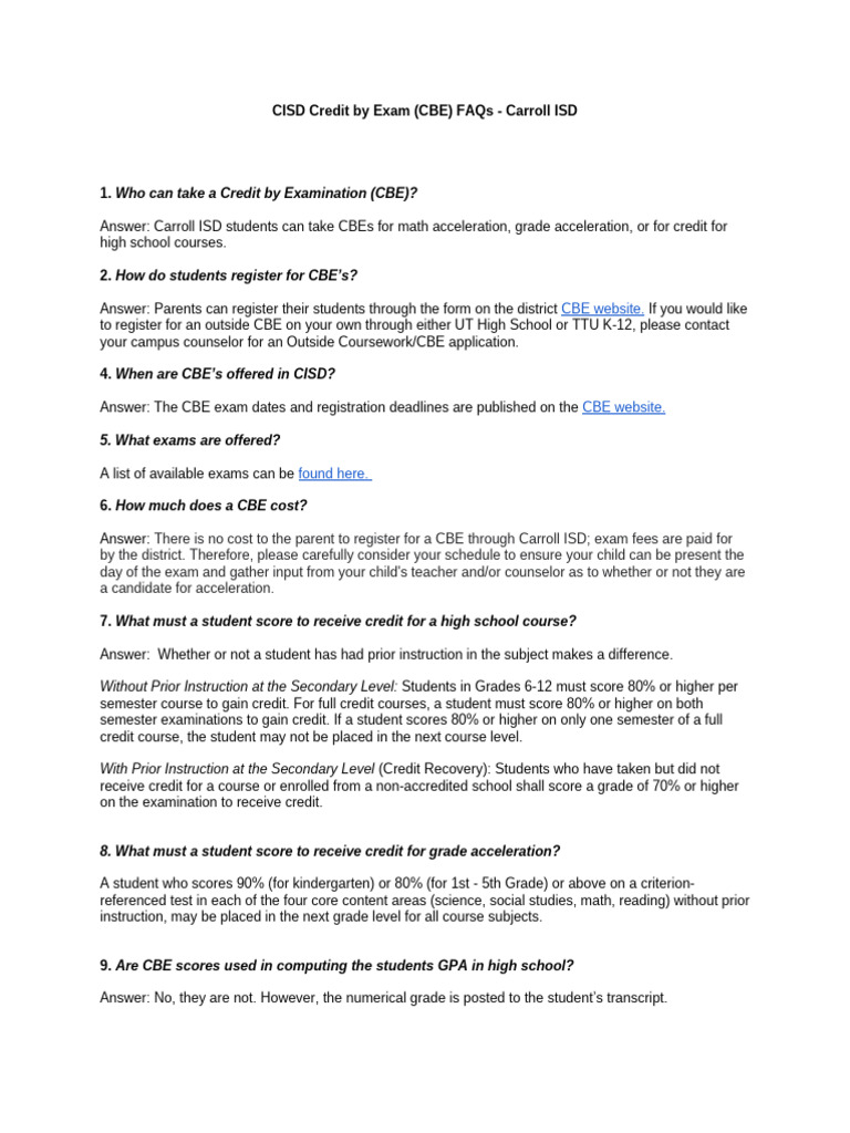 Credit by Exams FAQs - Carroll ISD | PDF | Academic Term | Educational ...