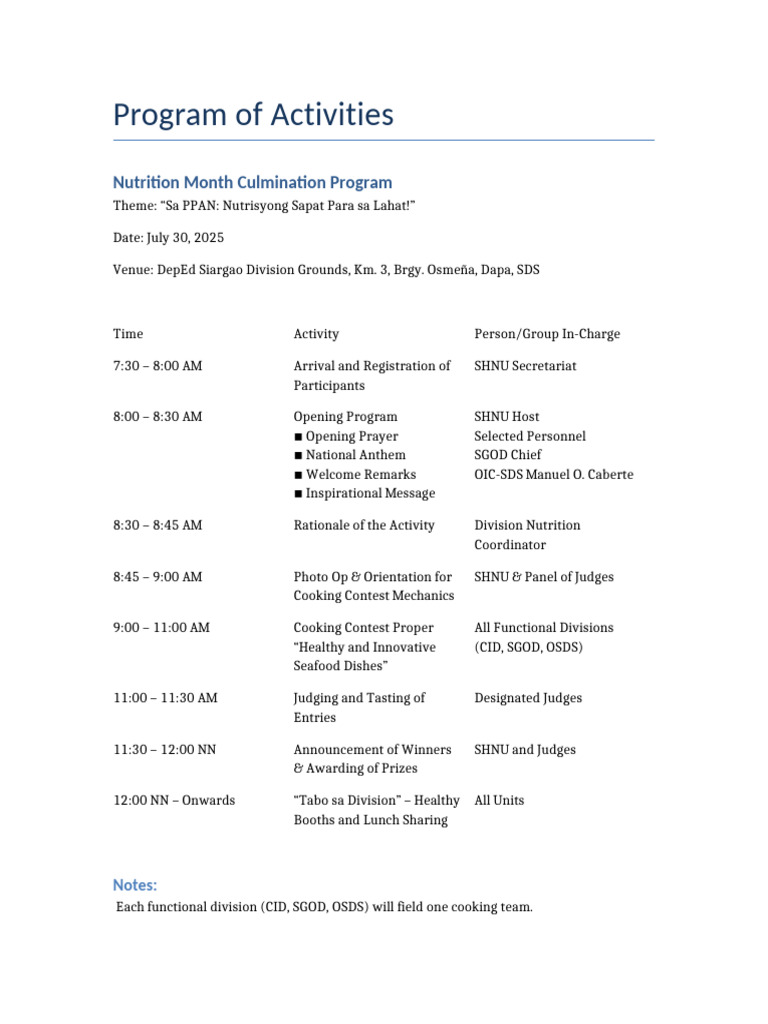 Nutrition Month Program of Activities | PDF